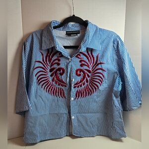 Hemant & Nandita Blue/Red Embroidered Striped Shirt Large